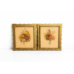 Vintage Floral Botanical Prints Set of 2 Gold Ornate Frames Cottagecore Wall Art